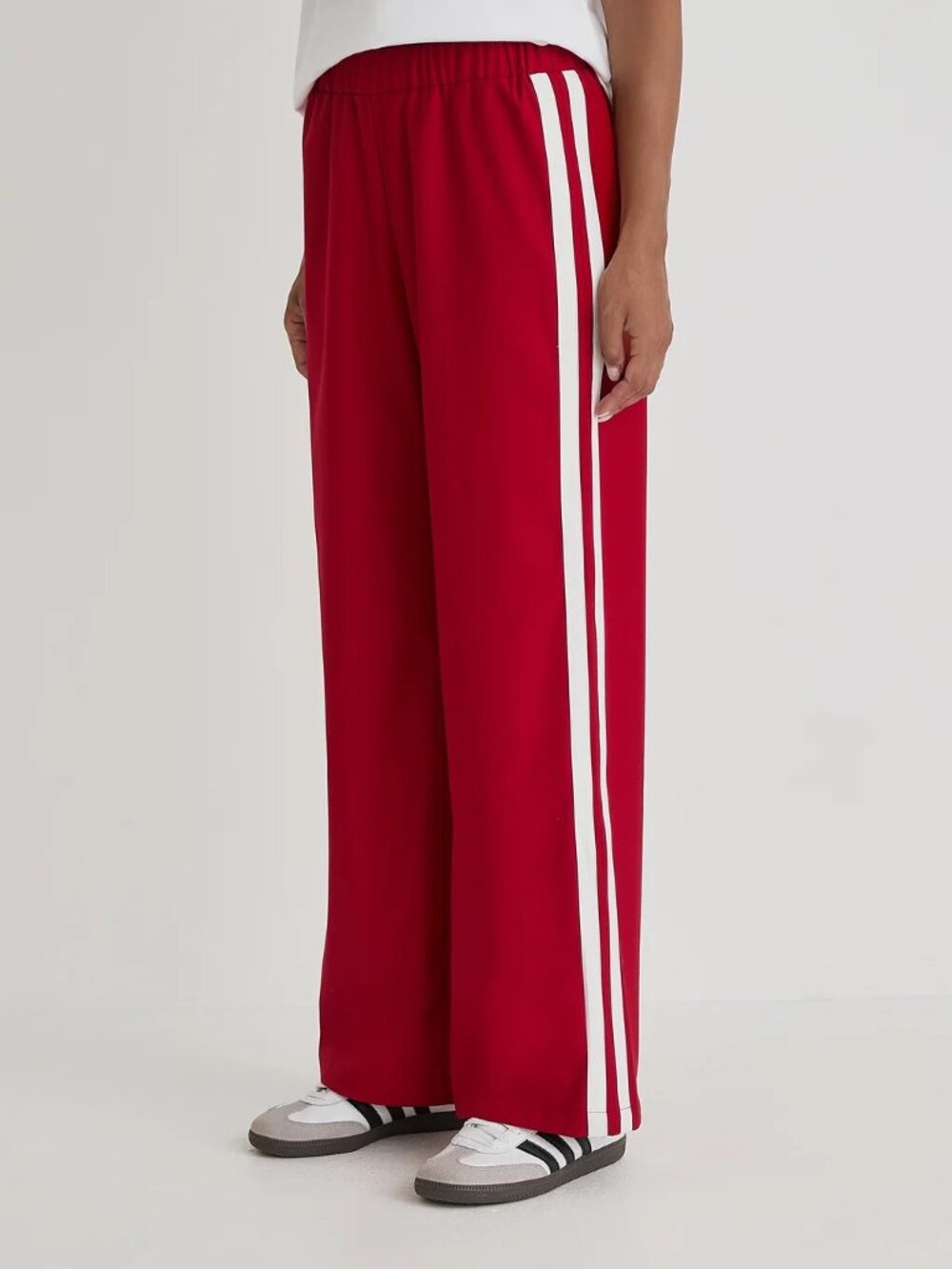 Wide Leg Red Track Pants with White Side Stripes